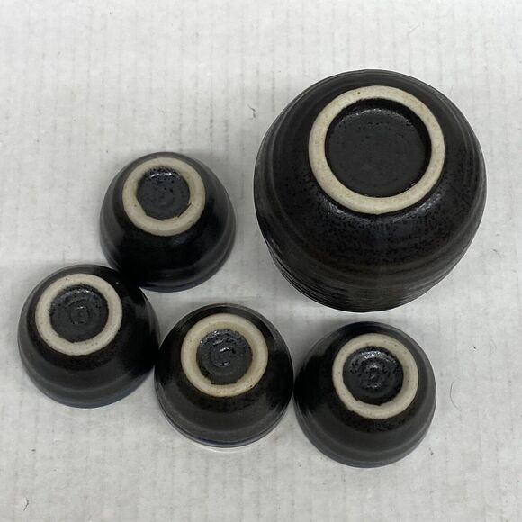 Set of 5 Japanese Sake Set Blue & Black Stoneware Pottery - Picture 10 of 10